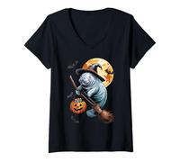 Femme Manatee Witch Broom Ride with Pumpkin Moon Sea Animal T-Shirt avec Col en V