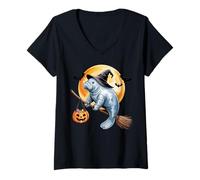 Femme Manatee Witch Broom Ride with Pumpkin Moon Sea Animal T-Shirt avec Col en V