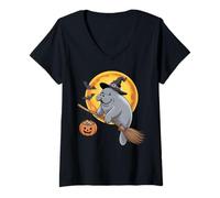 Femme Manatee Witch Broom Ride with Pumpkin Moon Sea Animal T-Shirt avec Col en V