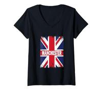 Femme Manchester - Drapeau Anglais Vintage Union Jack T-Shirt avec Col en V