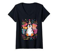 Femme Manchot Gâteaux Confettis Anniversaire Fête Manchots T-Shirt avec Col en V