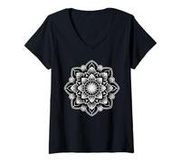 Femme Mandala Blackwork Géométrie sacrée T-Shirt avec Col en V
