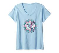 Femme Mandala colibri bleu pastel et rose T-Shirt avec Col en V
