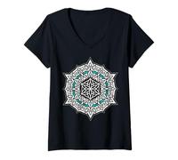 Femme Mandala Fleur de Vie Géométrie Sacrée Bleu Sarcelle Gothique T-Shirt avec Col en V