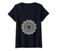 Femme Mandala Géométrie Sacrée Motif Géométrique Dotwork T-Shirt avec Col en V