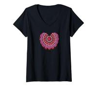 Femme Mandala Pois Coeur Saint Valentin T-Shirt avec Col en V