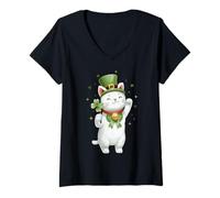 Femme Maneki Neko Chat Japonais Saint Patrick Leprechaun Irlande T-Shirt avec Col en V