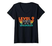 Femme Manette rétro débloquée Level 9 pour Gamer T-Shirt avec Col en V