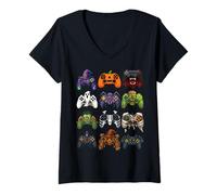 Femme Manettes de Jeu d'halloween Jack O Lantern Citrouille sorcière T-Shirt avec Col en V