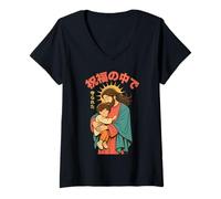 Femme Manga chrétien Jésus Aime la Protection de l'enfance et la bénédiction de l'anime T-Shirt avec Col en V