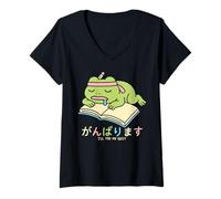 Femme Manga Japonais Harajuku en Train d'étudier la Grenouille Kawaii T-Shirt avec Col en V