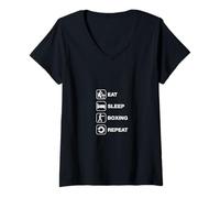 Femme Mange Dors Boxe Répète Routine T-Shirt avec Col en V