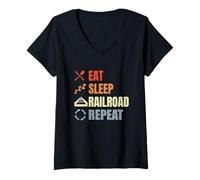 Femme Manger Dormir Chemin de Fer Répéter T-Shirt avec Col en V
