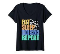 Femme Manger Dormir Enseigner Les Sciences Répéter Blague T-Shirt avec Col en V