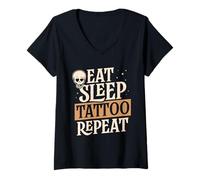 Femme Manger Dormir Tatouer Répéter Encre Tatouages Tatoueur T-Shirt avec Col en V