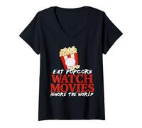 Femme Manger du Popcorn Regarder Films et Ignorer Le Monde T-Shirt avec Col en V