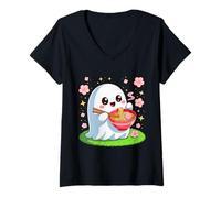 Femme Mangeur de Ramen fantôme Floral Kawaii, Nourriture Halloween T-Shirt avec Col en V