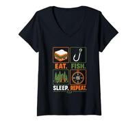 Femme Mangez du Poisson et répétez Le Sommeil T-Shirt avec Col en V