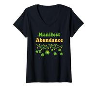 Femme Manifest Abundance, fête de la Saint-Patrick, Shamrock Irlandais, New Age T-Shirt avec Col en V