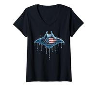 Femme Manta Ray Stingray Drapeau américain USA Drip Graffiti Lover T-Shirt avec Col en V