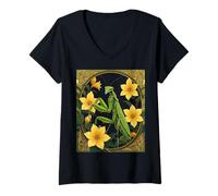 Femme Mantid Insecte et Fleurs de Jasmin Jaune T-Shirt avec Col en V