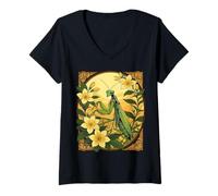 Femme Mantis et Fleurs de Jasmin Jaune T-Shirt avec Col en V