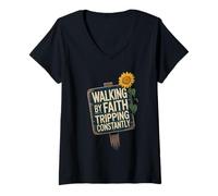 Femme Marcher par la foi, trébucher constamment | Bible chrétienne T-Shirt avec Col en V