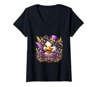 Femme Mardi Gras Canard avec Masque pour Amoureux de Canard T-Shirt avec Col en V