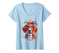 Femme Mardi Gras Chien Coonhound Redbone T-Shirt avec Col en V