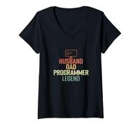 Femme Mari, Papa, Programmeur, légende T-Shirt avec Col en V
