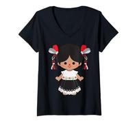 Femme María Traditional Mexican Lelé Doll Mexicana Otomi T-Shirt avec Col en V