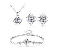 Femme Mariage Parure de Bijoux Argent Trèfle à Quatre Feuilles Pendentif Collier Boucles d'oreilles Bracelet Ensemble avec Cristal Ensemble de bijoux Zirocon Cubique pour Filles Mariée (Blanc)