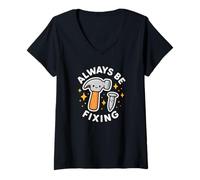 Femme Marteau et Clou Amusants « Always Be Fix » T-Shirt avec Col en V