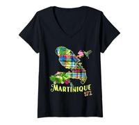 Femme Martinique 972 Carte de l'Île avec Colibri Hibiscus Coco T-Shirt avec Col en V