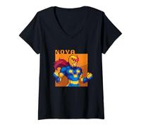 Femme Marvel Cosmic Invasion Game Nova Retro Pixel Graphics T-Shirt avec Col en V