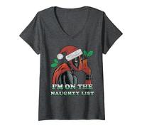 Femme Marvel Deadpool Santa Secret Naughty List Noël T-Shirt avec Col en V, Chiné Foncé, S