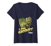 Femme Marvel Guardians Vol.2 I AM Groot Shield Splash T-Shirt avec Col en V, Bleu Marine, XL