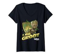 Femme Marvel Guardians Vol.2 I AM Groot Shield Splash T-Shirt avec Col en V, Noir, XL