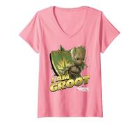 Femme Marvel Guardians Vol.2 I AM Groot Shield Splash T-Shirt avec Col en V, Rose, XXL