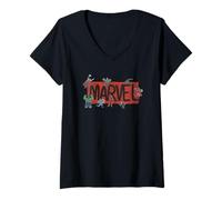 Femme Marvel Logo Sketch Characters T-Shirt avec Col en V