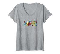 Femme Marvel Logo with Characters Spider-Man, Iron Man, Thor, Hulk T-Shirt avec Col en V, Gris Chiné, XXL