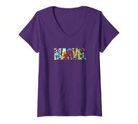 Femme Marvel Logo with Characters Spider-Man, Iron Man, Thor, Hulk T-Shirt avec Col en V, Violet, XL