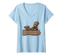 Femme Marvel Studios’ I Am Groot Cutest Guardian of The Galaxy T-Shirt avec Col en V, Bleu Céleste, L