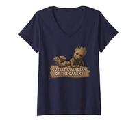 Femme Marvel Studios’ I Am Groot Cutest Guardian of The Galaxy T-Shirt avec Col en V, Bleu Marine, L