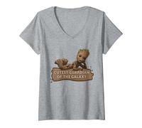 Femme Marvel Studios’ I Am Groot Cutest Guardian of The Galaxy T-Shirt avec Col en V, Gris Chiné, M