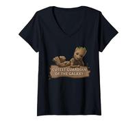 Femme Marvel Studios’ I Am Groot Cutest Guardian of The Galaxy T-Shirt avec Col en V, Noir, XL