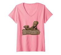 Femme Marvel Studios’ I Am Groot Cutest Guardian of The Galaxy T-Shirt avec Col en V, Rose, XL