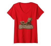 Femme Marvel Studios’ I Am Groot Cutest Guardian of The Galaxy T-Shirt avec Col en V, Rouge, S