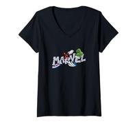 Femme Marvel Super Heroes Graffiti Tag Style Paint Splatter Logo T-Shirt avec Col en V
