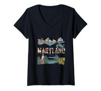 Femme Maryland Landmarks Blue Crab State Pride Voyage Vintage T-Shirt avec Col en V